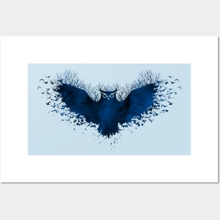 Fairy Tale Blue Owl with Trees and Birds Posters and Art